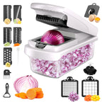 Multifunctional kitchen chopper with various attachments and chopped vegetables on a white background